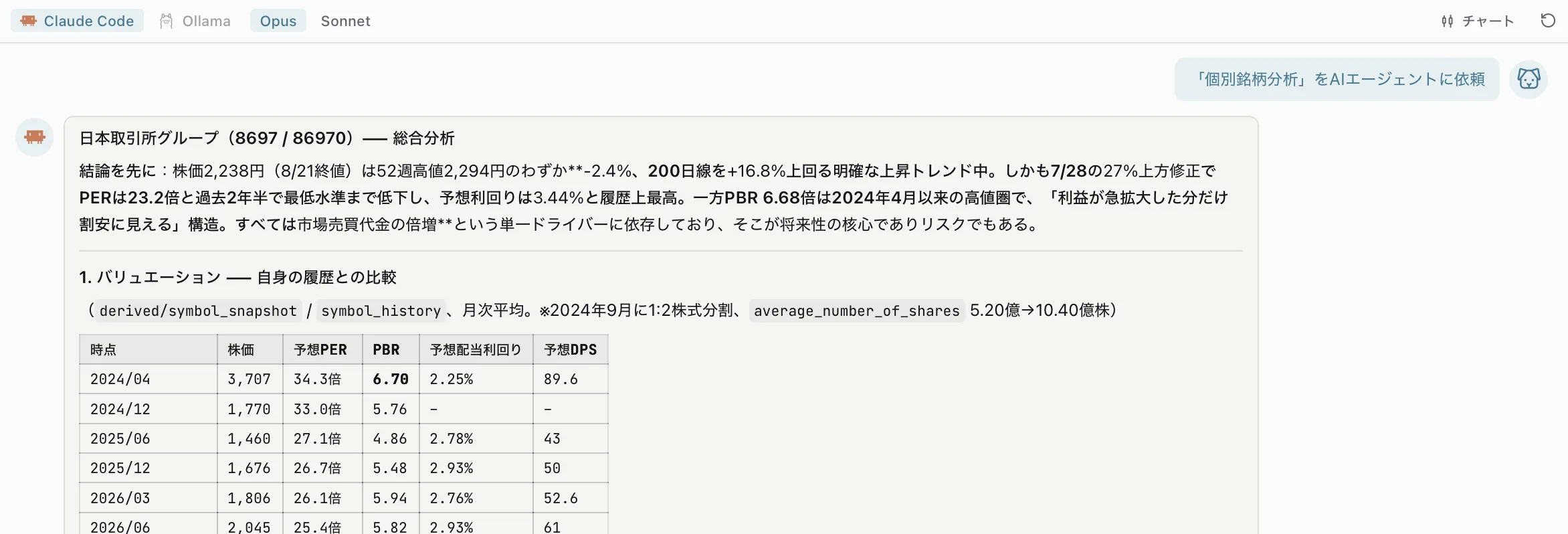 amx-studio — AIエージェント: the agent's answer, opening verdict and valuation table.